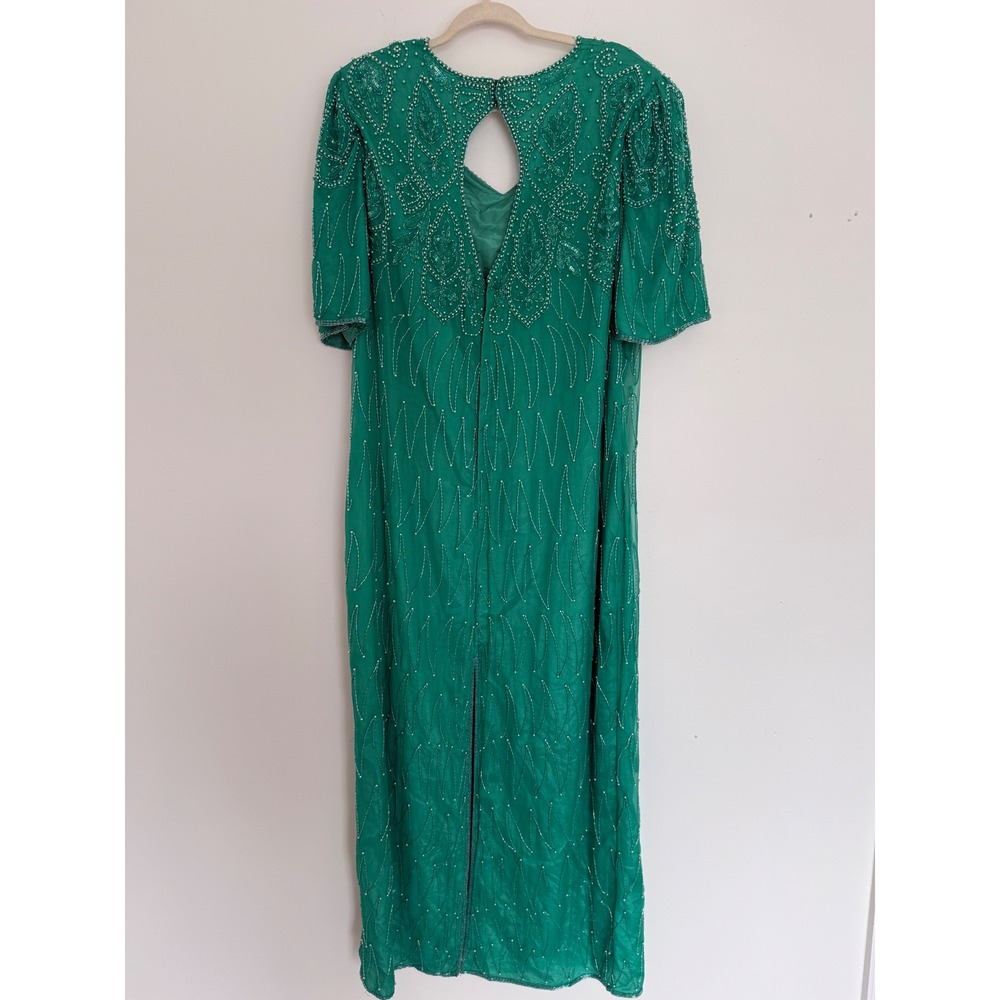 Vintage Mark & John by Gopal Women's 100%‎ Pure Silk Maxi Beaded Green Dress 2X - Picture 10 of 16